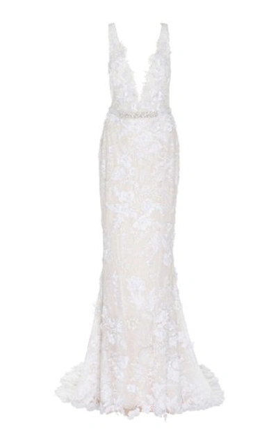 Shop Mira Zwillinger Dara Open-back Chantilly Lace Sheath Gown In White