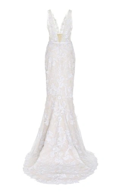 Shop Mira Zwillinger Dara Open-back Chantilly Lace Sheath Gown In White