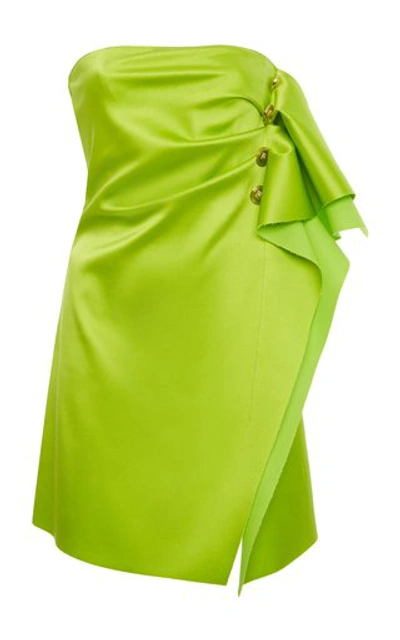 Shop Versace Strapless Ruffle-detailed Satin Dress In Green