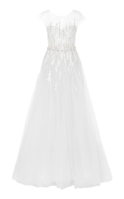Shop Mira Zwillinger Navara Sequined Silk And Cotton-blend Tulle Gown In White