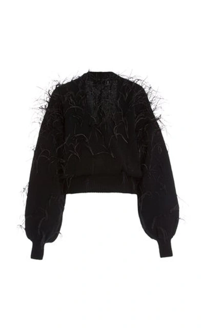 Shop Attico Feather-embellished Wool Cropped Cardigan In Black