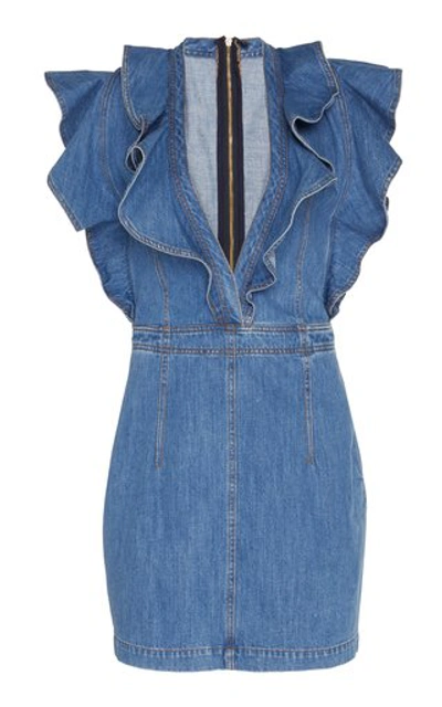 Shop Philosophy Di Lorenzo Serafini Ruffled Denim Mini Dress In Blue