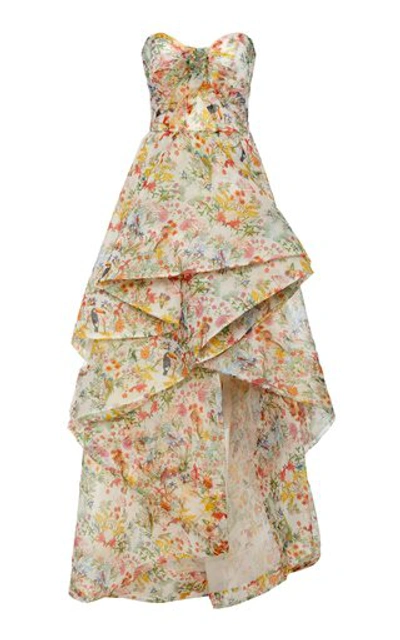 Shop Monique Lhuillier Floral-print Silk Tulle High-low Gown
