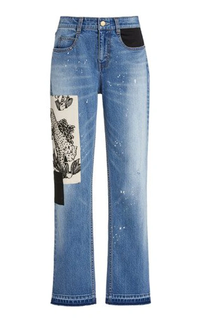 Shop Hellessy Mcaulay Tiger-patch Distressed Straight-leg Jeans In Medium Wash