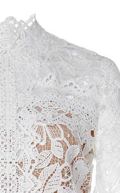 Shop Costarellos Mock-neck Guipure Lace Handkerchief Dress In White