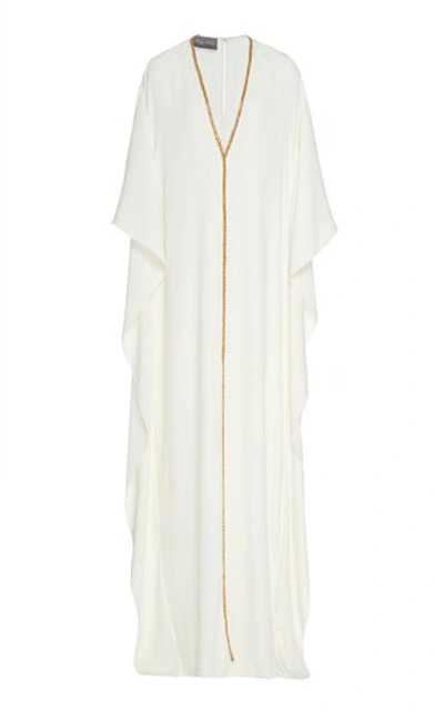 Shop Monique Lhuillier Beaded-trim Ruffled Crepe Caftan In White