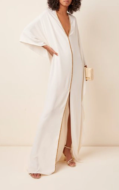 Shop Monique Lhuillier Beaded-trim Ruffled Crepe Caftan In White