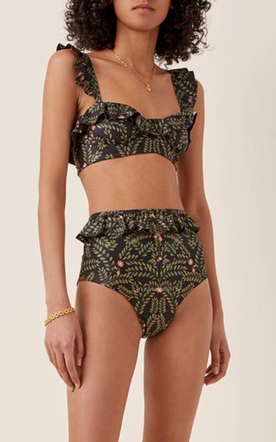 Shop Agua By Agua Bendita Alicia Ruffled Printed Bikini Briefs In Black