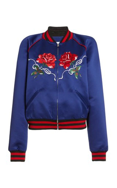 Shop Rodarte Women's Embroidered Satin Bomber Jacket In Blue