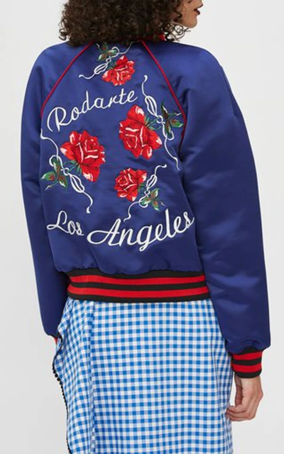 Shop Rodarte Women's Embroidered Satin Bomber Jacket In Blue