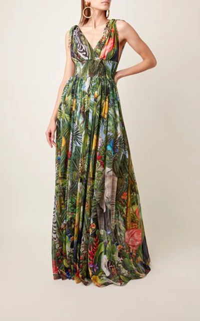 Shop Dolce & Gabbana Smocked Printed Silk-chiffon Maxi Dress