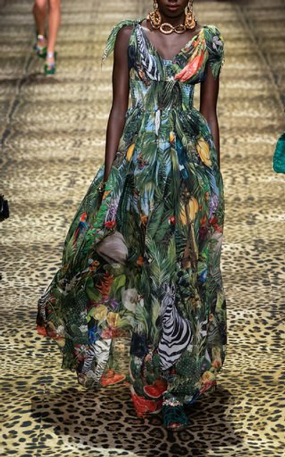 Shop Dolce & Gabbana Smocked Printed Silk-chiffon Maxi Dress
