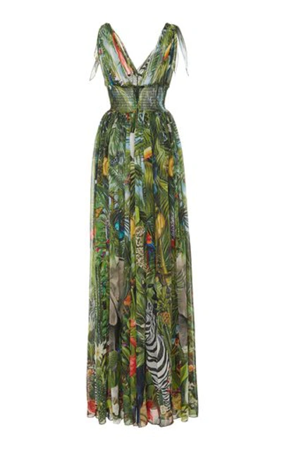 Shop Dolce & Gabbana Smocked Printed Silk-chiffon Maxi Dress