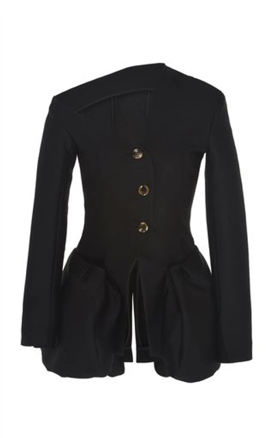 Shop A.w.a.k.e. Cold-shoulder Wool And Silk-blend Peplum Blazer In Black