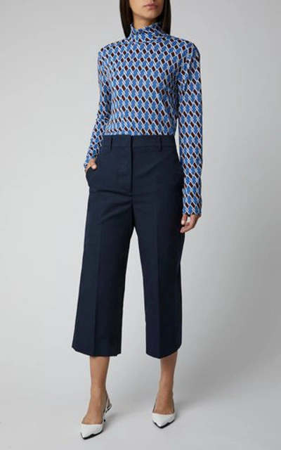 Shop Prada Cropped Cotton-crepe Straight-leg Pants In Navy