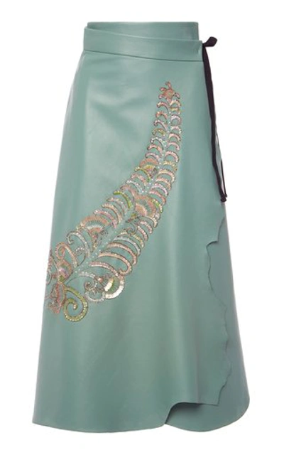 Shop Prada Sequin-embellished Wrap Leather Skirt In Green