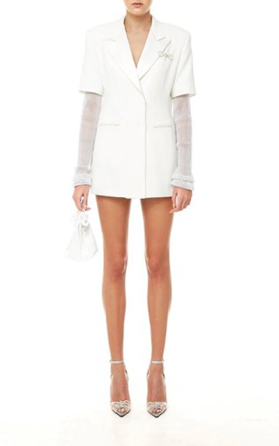 Shop Mach & Mach Tailored Blazer Dress With Sheer Crystallized Sleeves In White