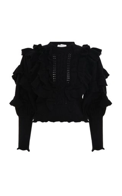 Shop Zimmermann Botanica Ruffled Wool Crop Sweater In Black