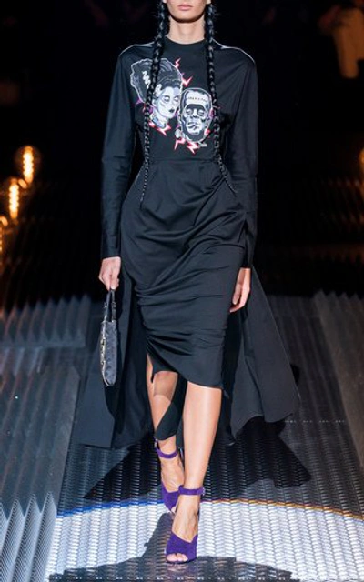 Shop Prada Asymmetric Printed Cotton-poplin Dress In Black