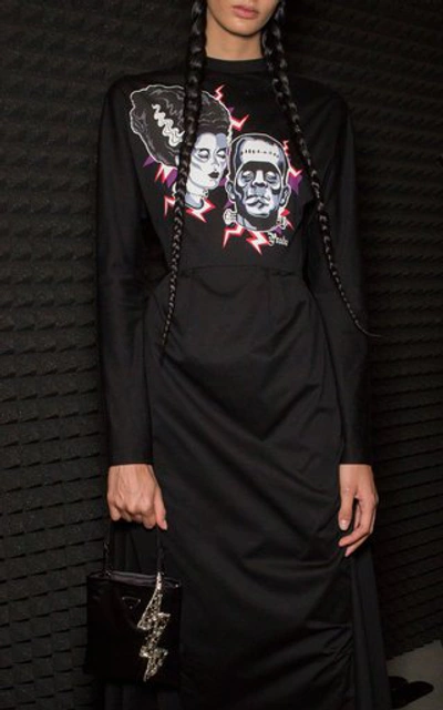 Shop Prada Asymmetric Printed Cotton-poplin Dress In Black