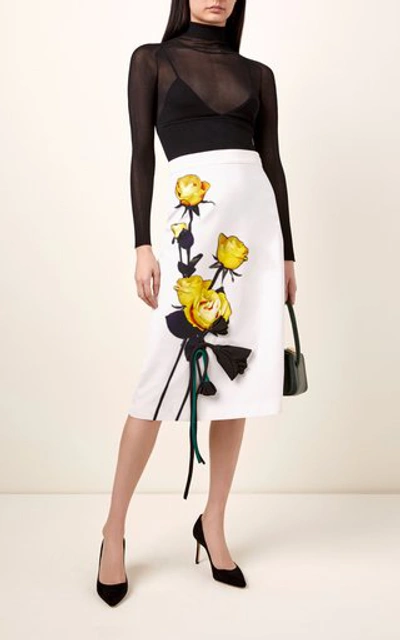 Shop Prada Appliquéd Floral-print Cotton-crepe Midi Skirt In White