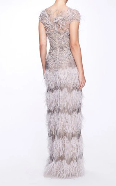 Shop Marchesa Feathered Tulle Gown In Grey