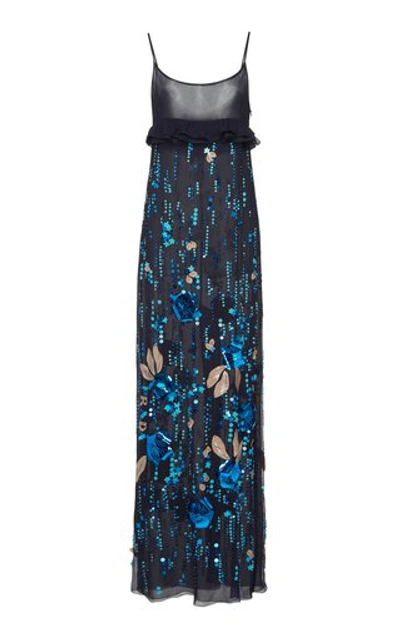Shop Prada Ruffled Embellished Silk-chiffon Dress In Black