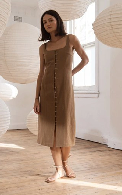 Shop St Agni Ghita Cotton-linen Button-front Midi Dress In Brown