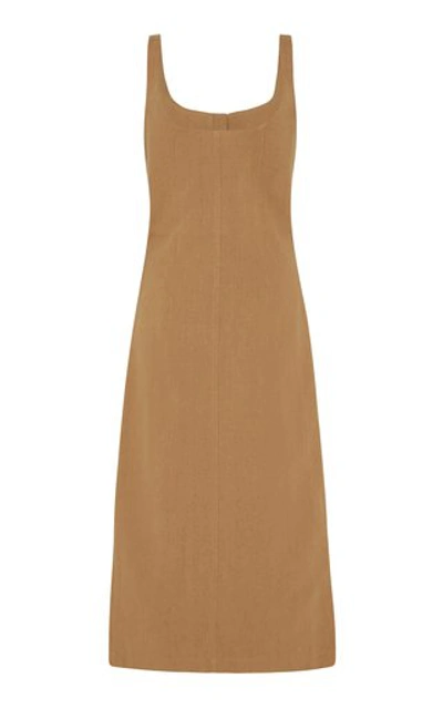 Shop St Agni Ghita Cotton-linen Button-front Midi Dress In Brown