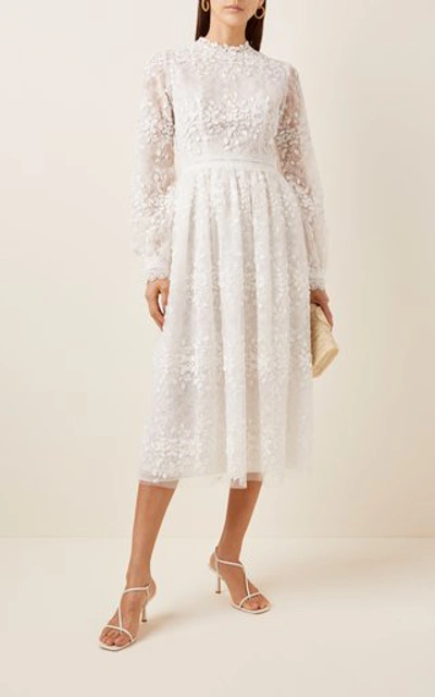 Shop Costarellos Embroidered Tulle Midi Dress In White