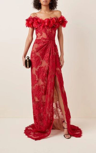 Shop Marchesa Women's Floral-embellished Lace Gown In Red