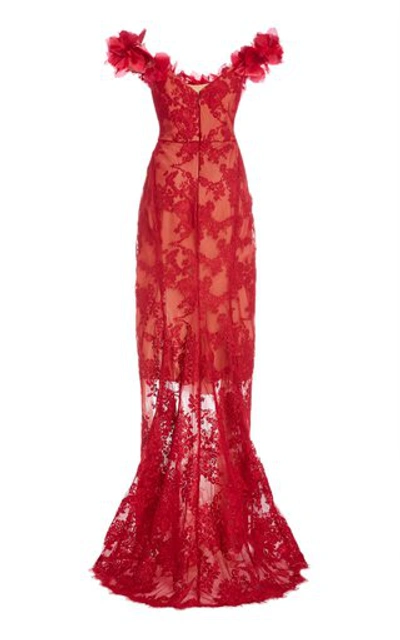 Shop Marchesa Women's Floral-embellished Lace Gown In Red