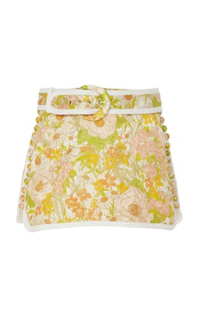 Shop Zimmermann Belted Floral-jacquard Mini Skirt In Yellow