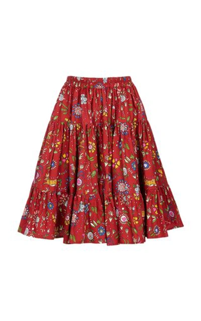Shop La Doublej Love Tiered Ruffle Cotton Skirt In Red