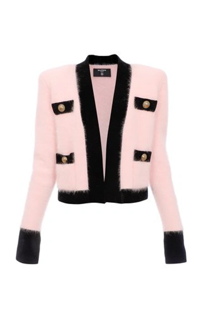 Shop Balmain Velvet-trimmed Angora-blend Sweater In Pink