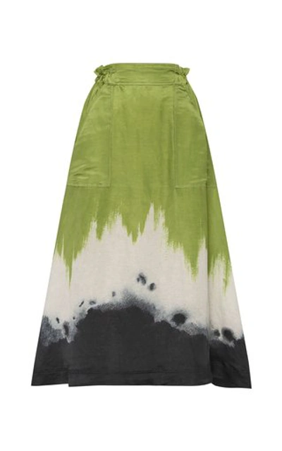 Shop Aje Arcadian Tie-dyed Linen And Silk-blend Skirt In Green