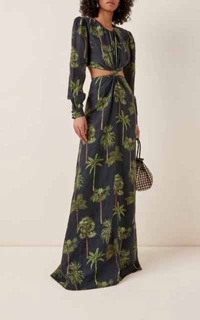 Shop Agua By Agua Bendita Parana Tropico Cutout Printed Linen Maxi Dress In Navy