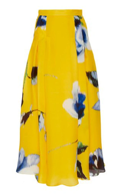 Shop Carolina Herrera Pleated Floral-print Silk-satin Maxi Skirt In Multi