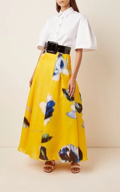 Shop Carolina Herrera Pleated Floral-print Silk-satin Maxi Skirt In Multi