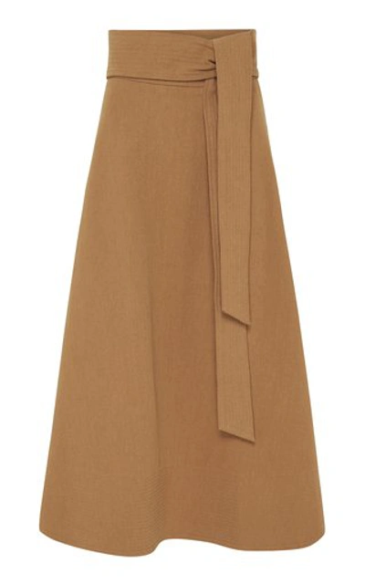 Shop St Agni Manami Belted Cotton-linen A-line Midi Skirt In White