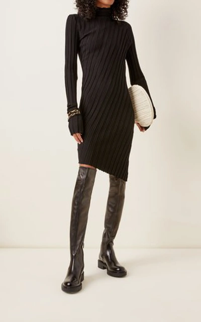Shop Boyarovskaya Asymmetric Ribbed-knit Turtleneck Dress In Black