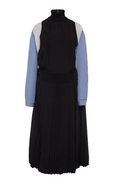 Shop Prada Women's Smocked Dual Fabric Midi Dress In Black