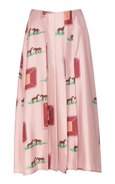Shop Victoria Beckham Printed Pleated Silk Midi Skirt In Pink