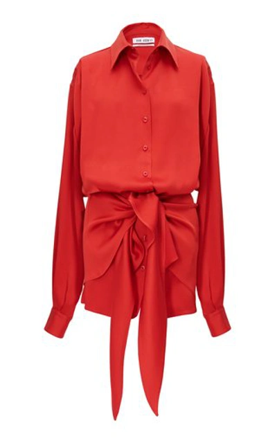 Shop Attico Tie-front Satin Mini Shirt Dress In Red