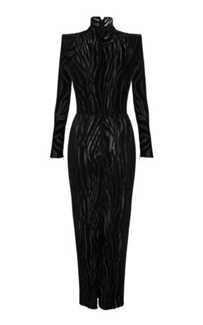 Shop Alex Perry Hadley Zebra-print Jersey Turtleneck Midi Dress In Black
