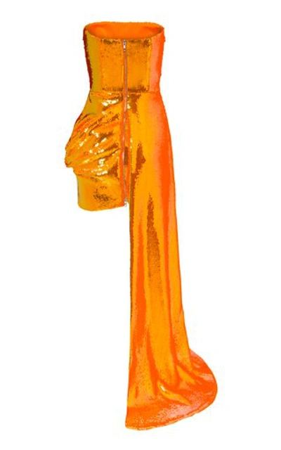 Shop Alex Perry Blaine Drape-detailed Sequined Straples Mini Dress In Orange