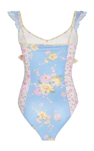 Shop Loveshackfancy Verena Ruffled Floral-print Swimsuit In Blue
