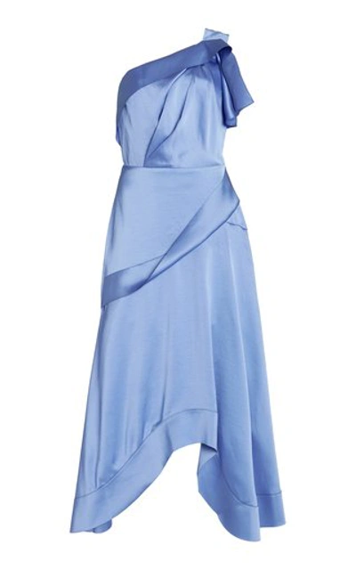 Shop Acler Bonham Draped Satin One-shoulder Midi Dress In Blue