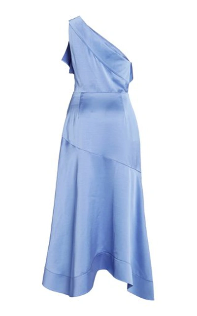 Shop Acler Bonham Draped Satin One-shoulder Midi Dress In Blue