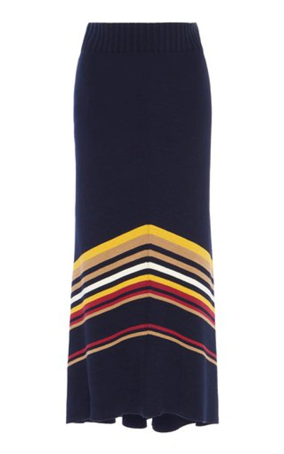 Shop Victoria Beckham Striped Stretch Cotton-blend Midi Skirt In Navy